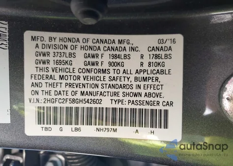 2016 Honda Civic Lx из США, поврежденный, VIN 2HGFC2F58GH542602